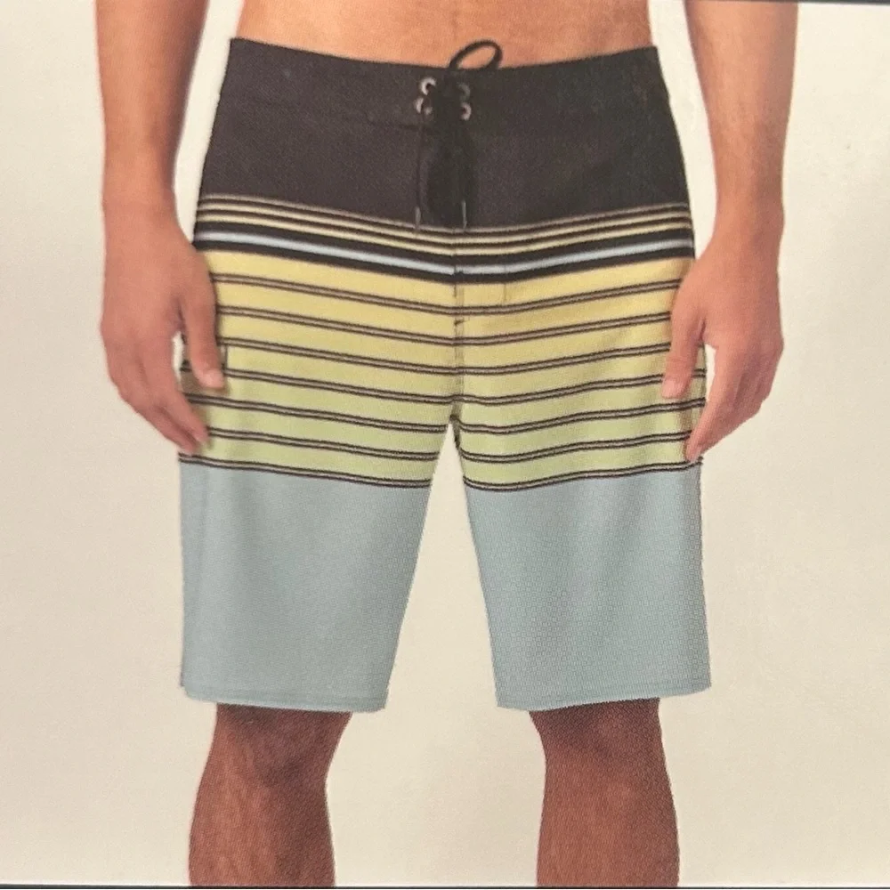 NWT O'Neill Black, Yellow & Light Blue Striped Men’s Board Shorts